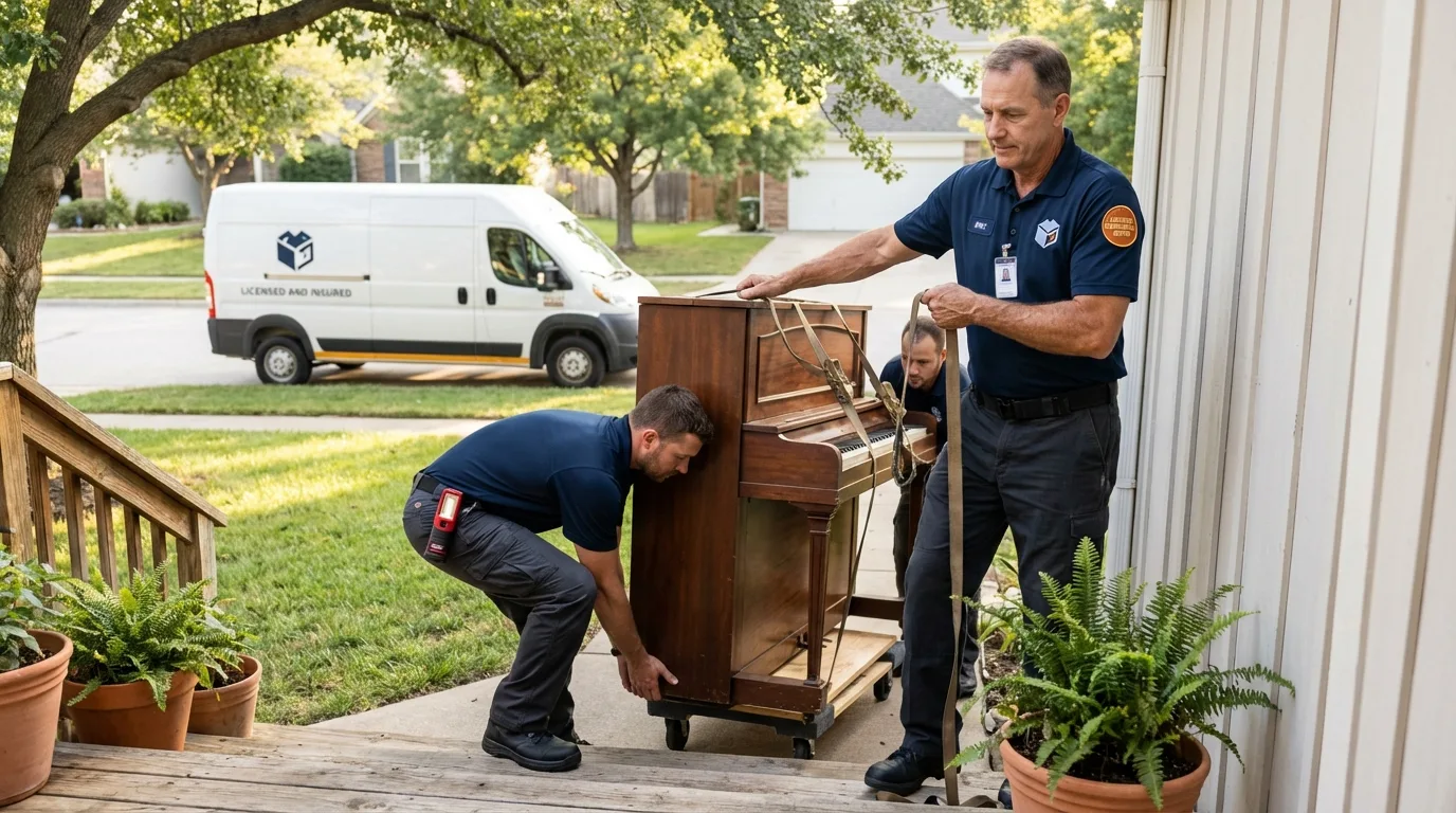 Licensed piano movers securing grand piano in Medway, MA