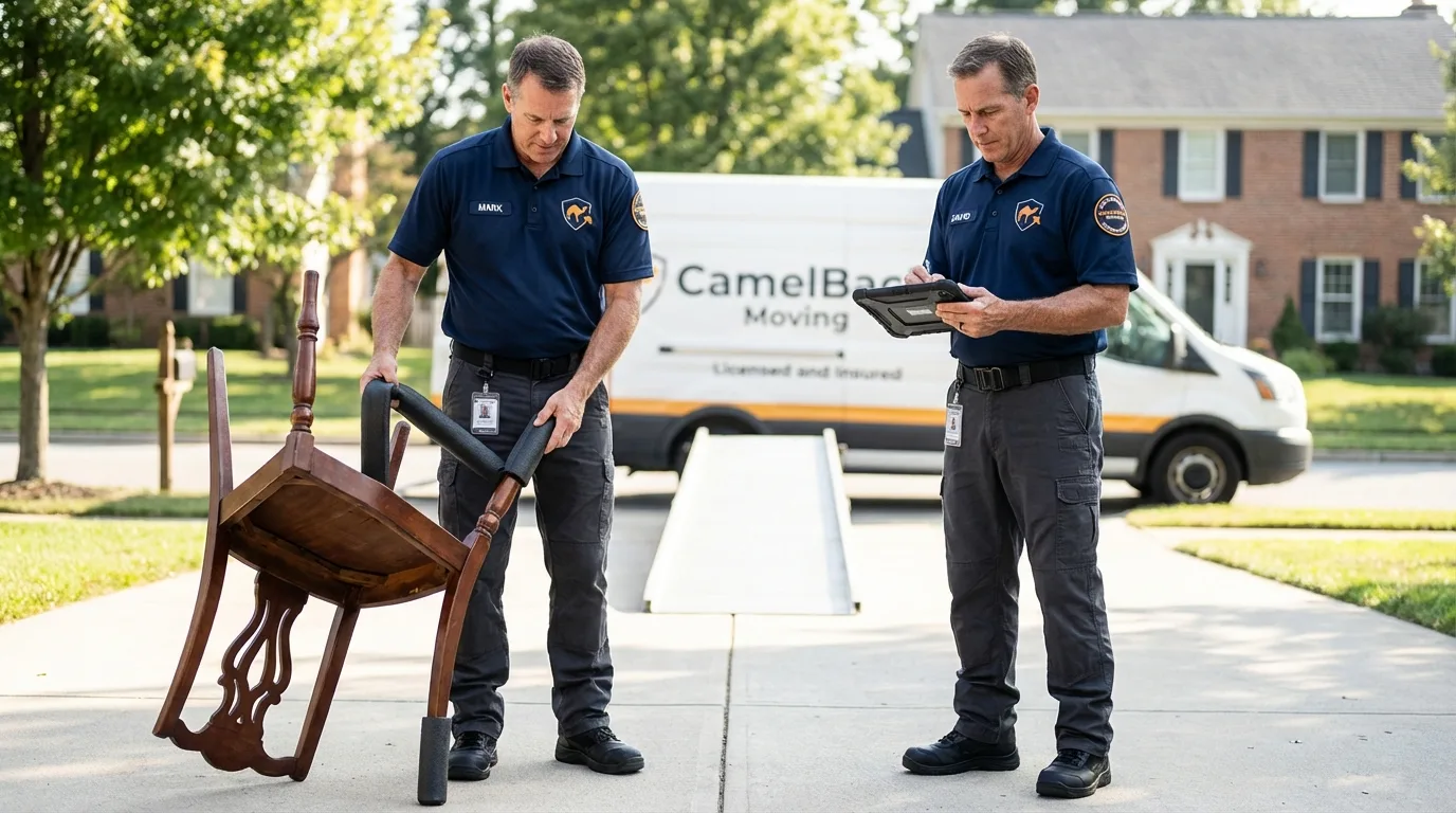 Movers inspecting furniture for damage prevention before loading in Medway, MA