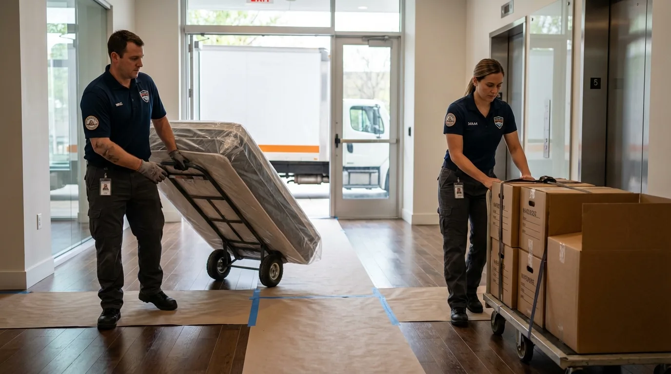 Professional apartment movers loading elevator in Medway, MA