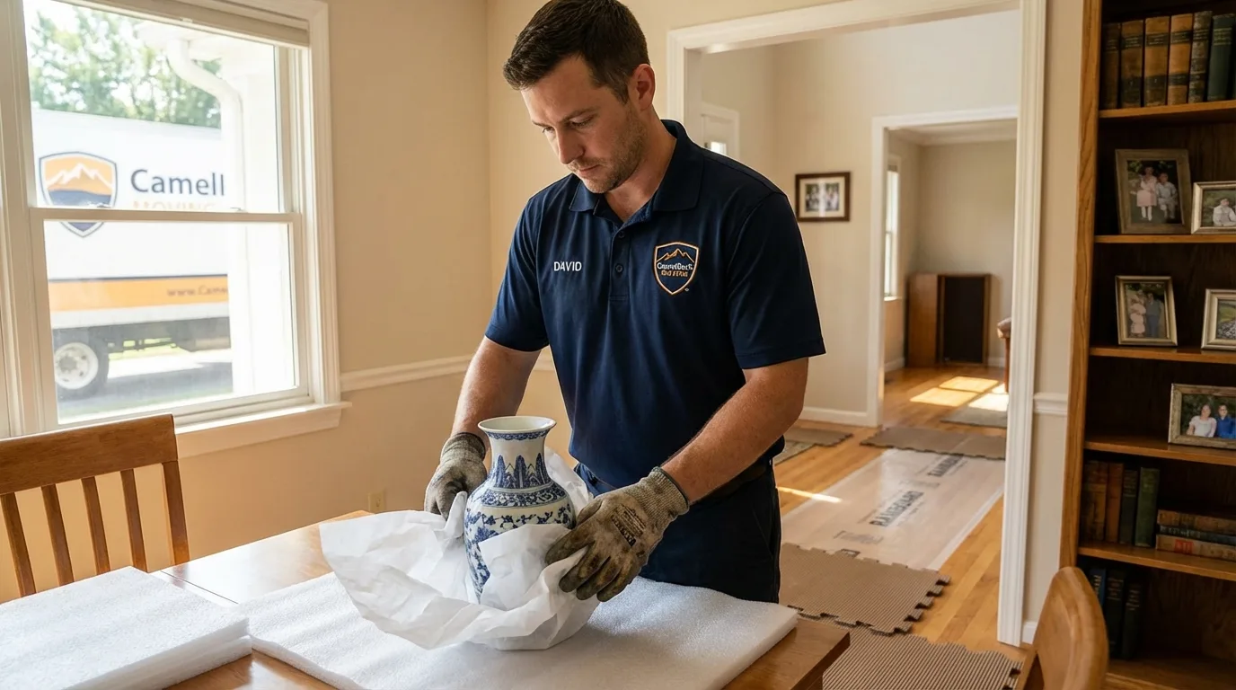 Professional crew carefully wrapping antique vase for senior downsizing move in Medway, MA