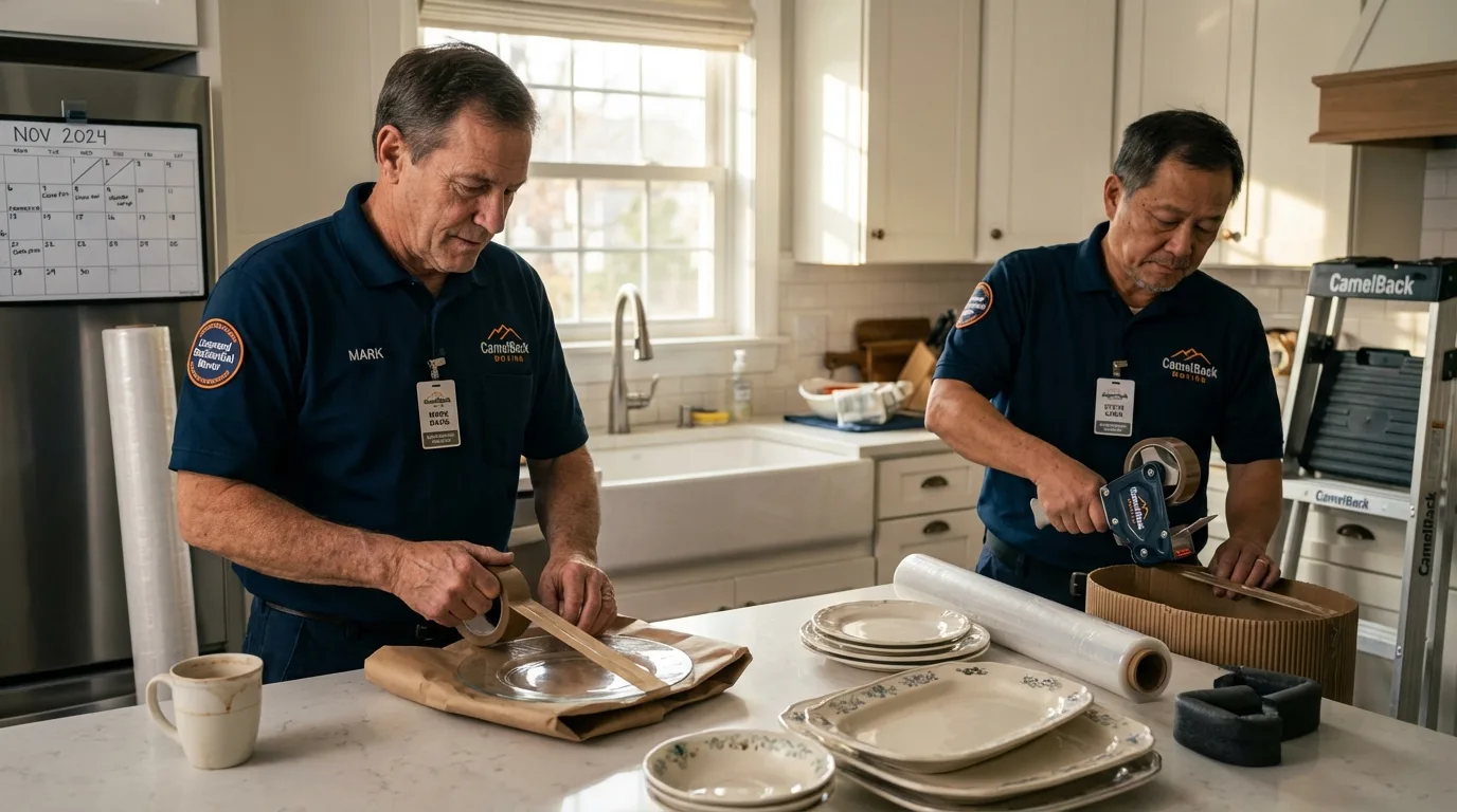 Professional crew packing kitchen dishware in Medway, MA